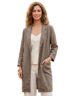 Sigrid Olsen 100% Linen Neutral Beige Lagonlook Open Front Blazer Jacket Size M